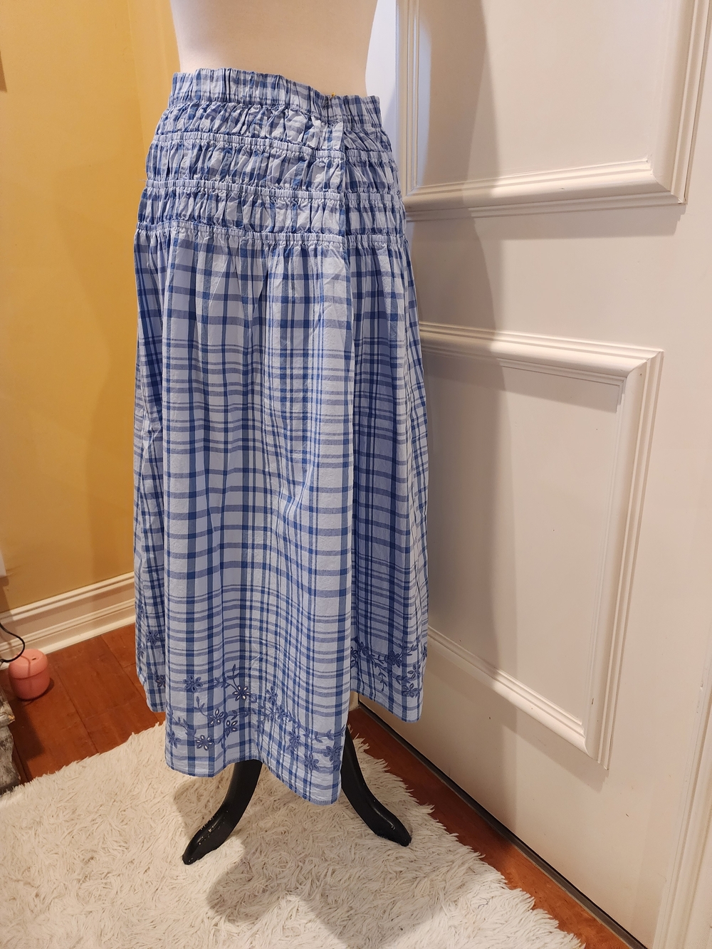 Smocked Waist Light Blue Plaid Maxi Skirt with Embroidered Hem - Picture 3 of 5
